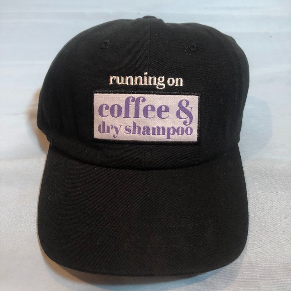 NWOT Running on Coffee & Dry Shampoo Black Baseball Cap Hat #F57